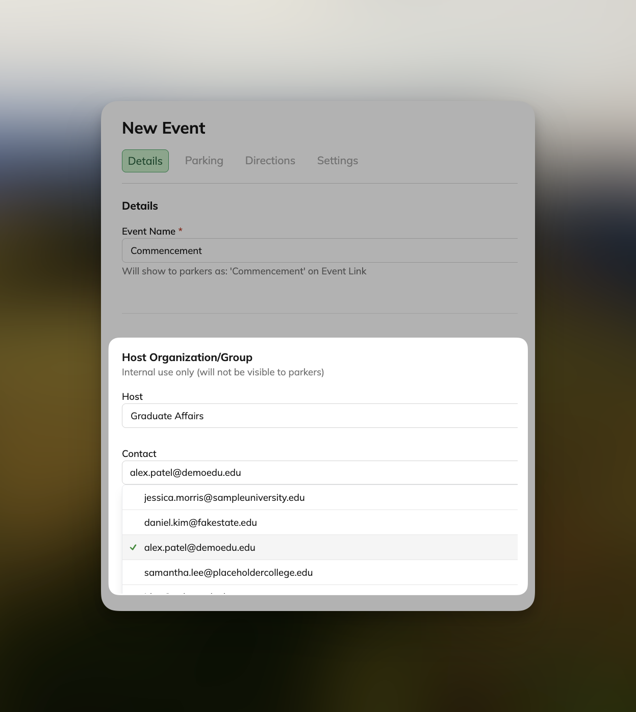 Event setup with contact dropdown