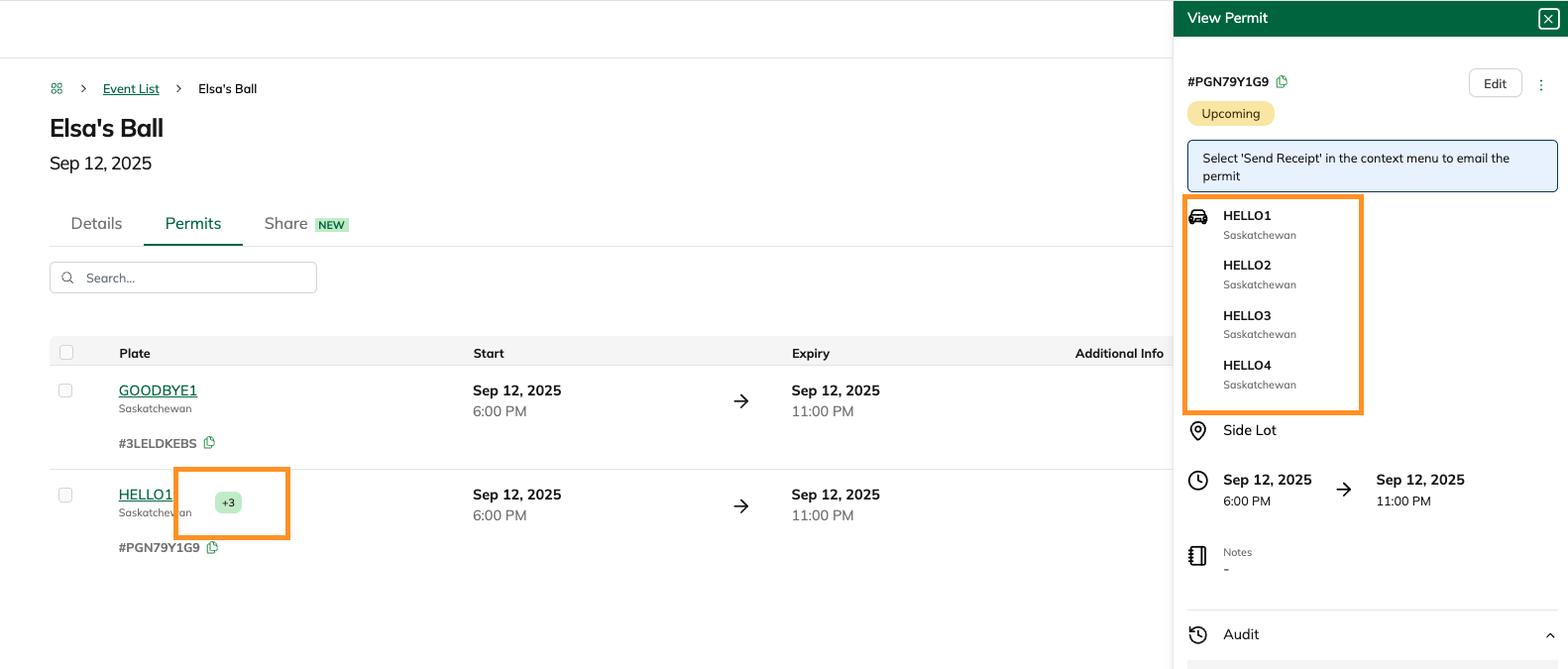 Permits tab showing multiple plates under one permit