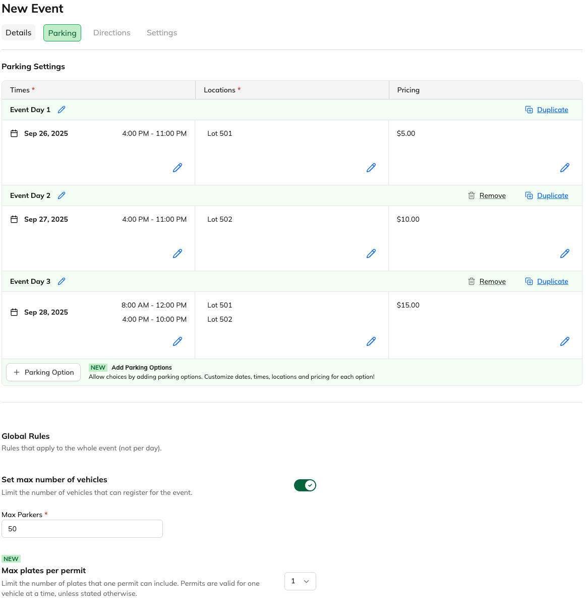 Create multi-day event with options