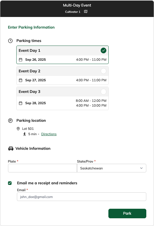 Parker option selection view